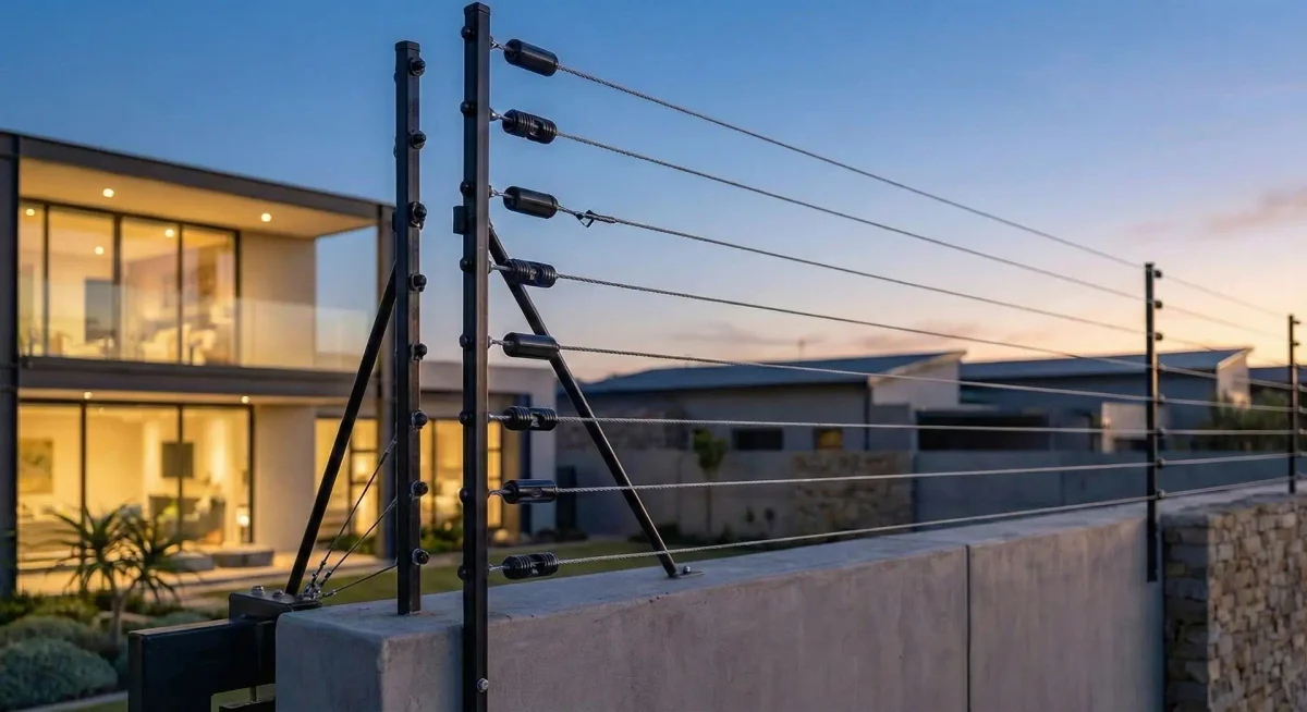 Rooftop electric fence on modern residence at dusk