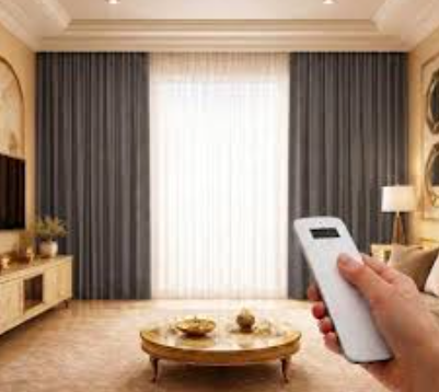 Motorised curtains controlled by remote in elegant living room