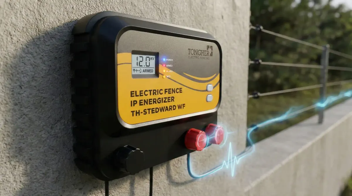 Smart electric fence energizer mounted on wall